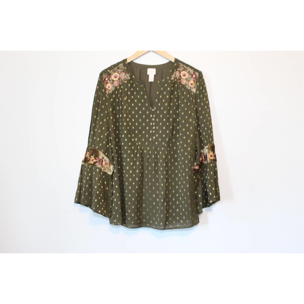 Chico's Dot Jacquard Peasant Top Green Gold Metallic Floral Size 2 12 H14724 - Picture 2 of 11